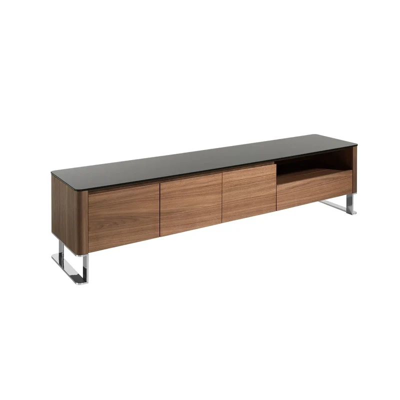 Walnut TV cabinet, chrome-plated steel and black glass top