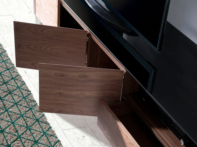 Walnut TV cabinet, chrome-plated steel and black glass top