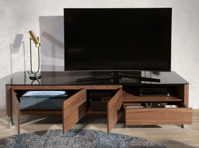 Walnut TV cabinet, chrome-plated steel and black glass top