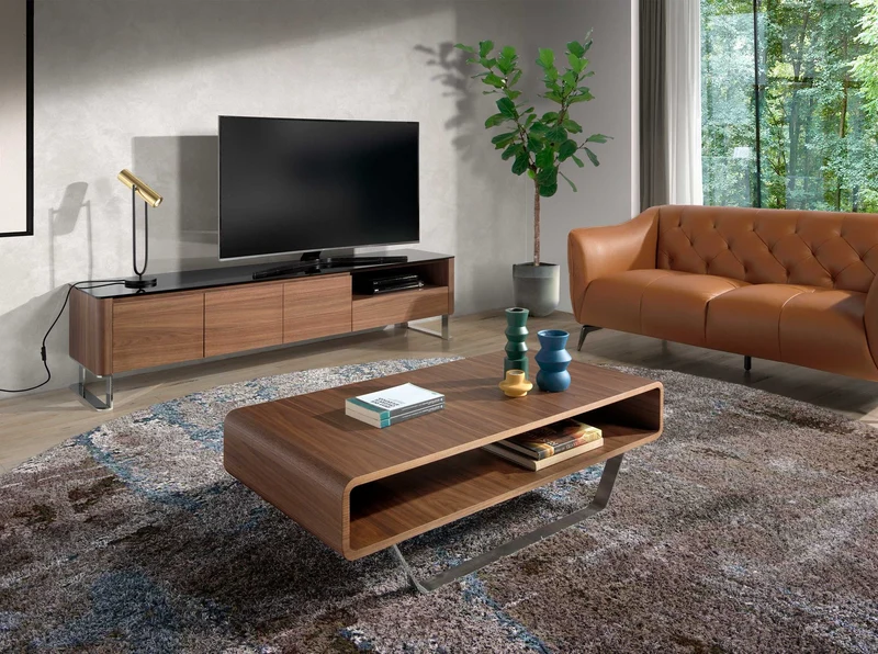 Walnut TV cabinet, chrome-plated steel and black glass top