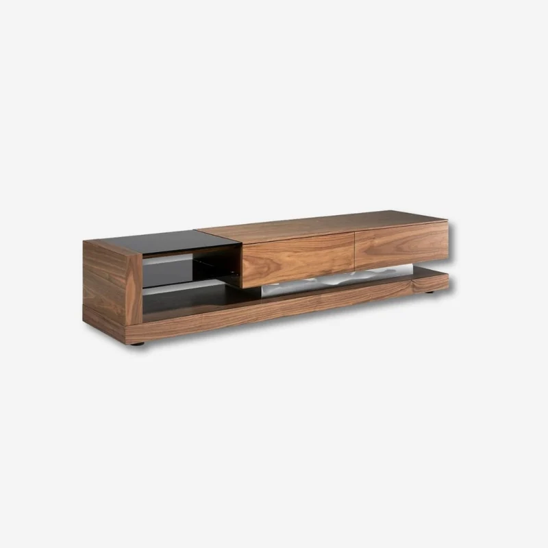 Walnut TV cabinet, polished steel and black glass top
