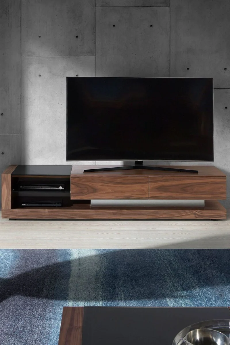 Walnut TV cabinet, polished steel and black glass top