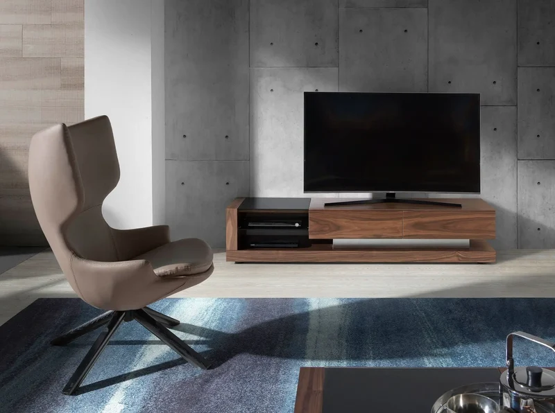 Walnut TV cabinet, polished steel and black glass top
