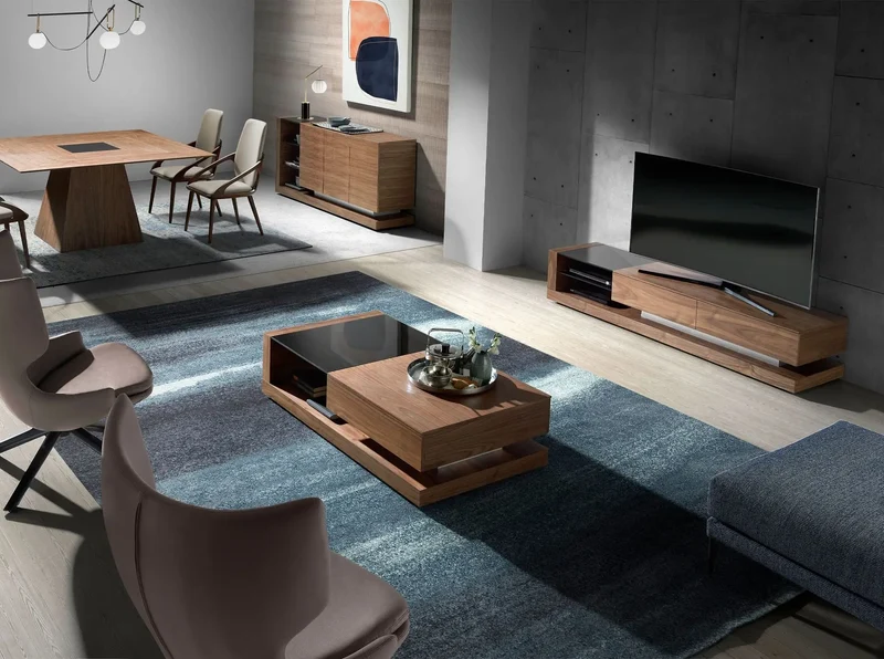 Walnut TV cabinet, polished steel and black glass top