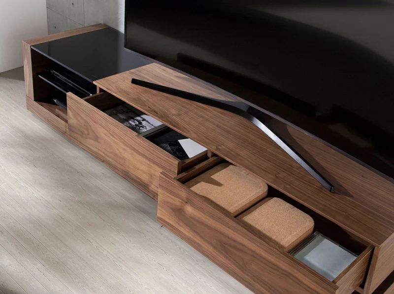 Walnut TV cabinet, polished steel and black glass top