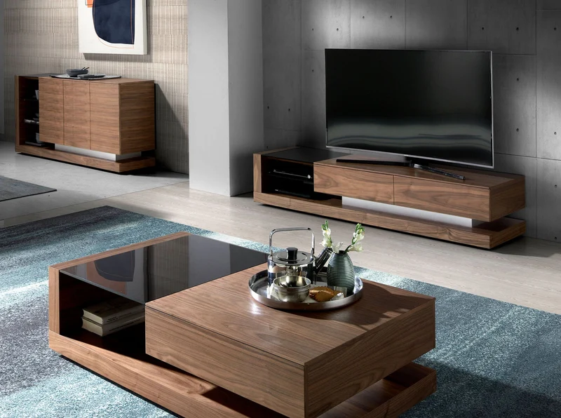 Walnut TV cabinet, polished steel and black glass top