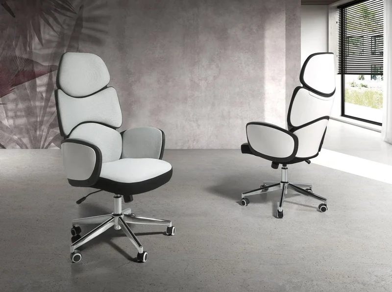 Swivel office chair in light grey fabric and glossy white PVC