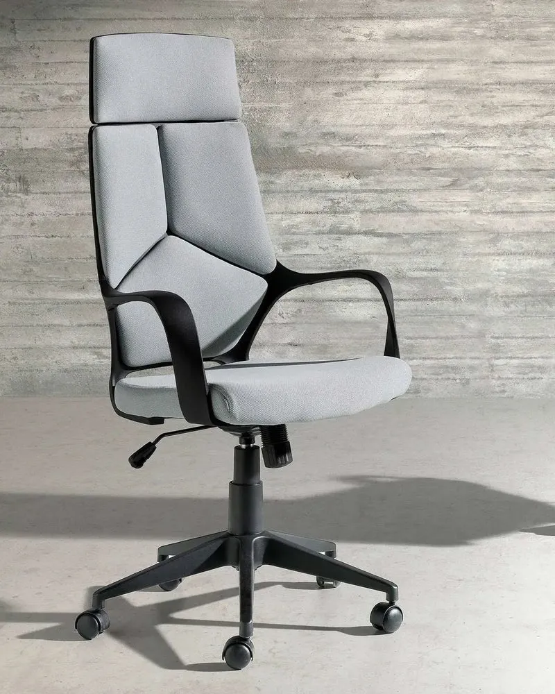 Swivel office chair in light grey fabric and black PVC