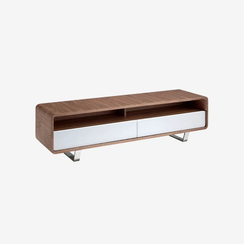 TV cabinet in white, walnut and chrome-plated steel