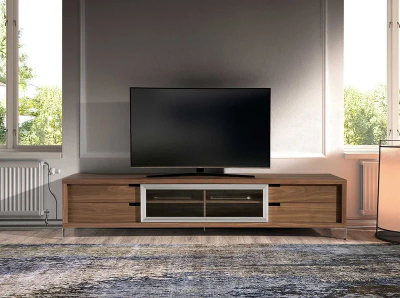 Walnut and chrome-plated steel TV cabinet