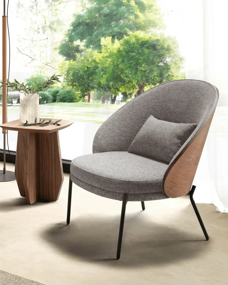 Grey and walnut fabric armchair