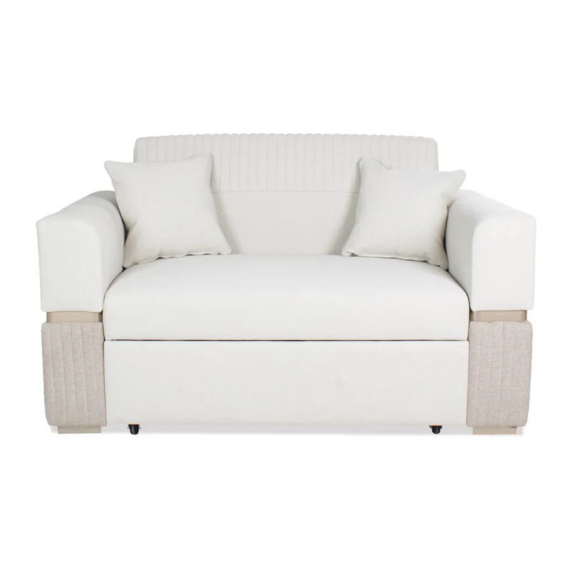 Sofá Cama Dhara Eurolino Blanco, Verona Beige, Champaña 145 cm Brazo Desmontable