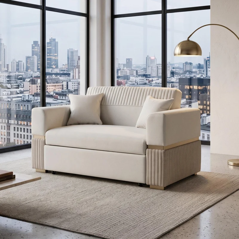 Sofá Cama Dhara Eurolino Blanco, Verona Beige, Champaña 145 cm Brazo Desmontable