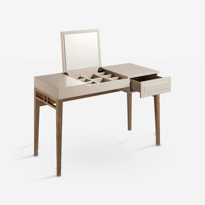 Grey and walnut wood dressing table with mirror