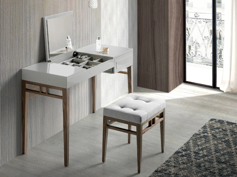 Grey and walnut wood dressing table with mirror