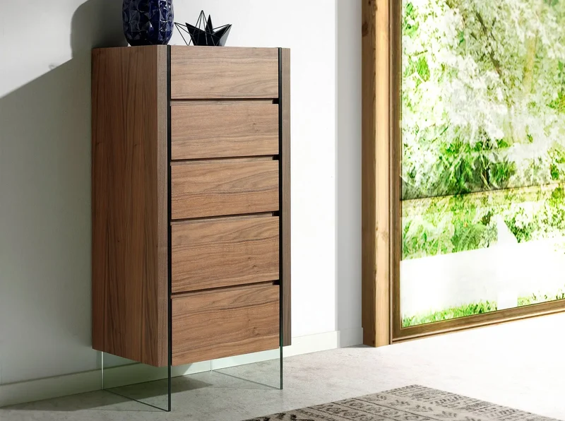Walnut and tempered glass chiffonier