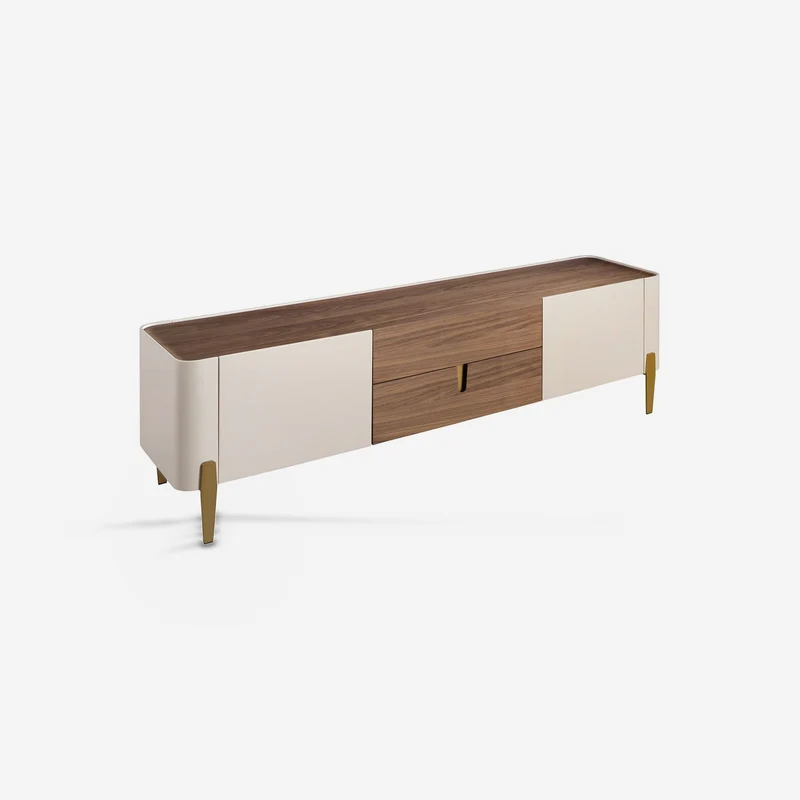 TV cabinet in walnut, beige, polished gold steel and walnut top