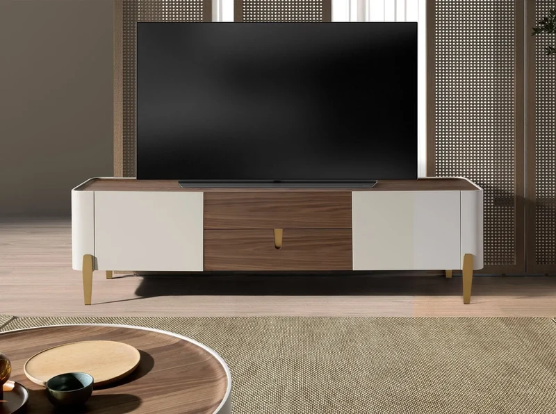TV cabinet in walnut, beige, polished gold steel and walnut top