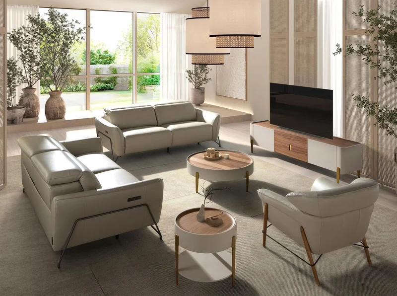 TV cabinet in walnut, beige, polished gold steel and walnut top