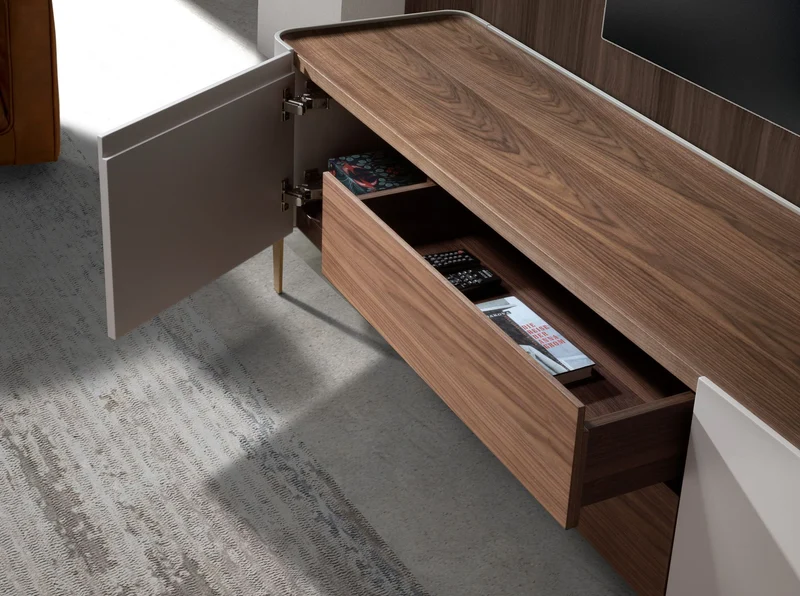 TV cabinet in walnut, beige, polished gold steel and walnut top