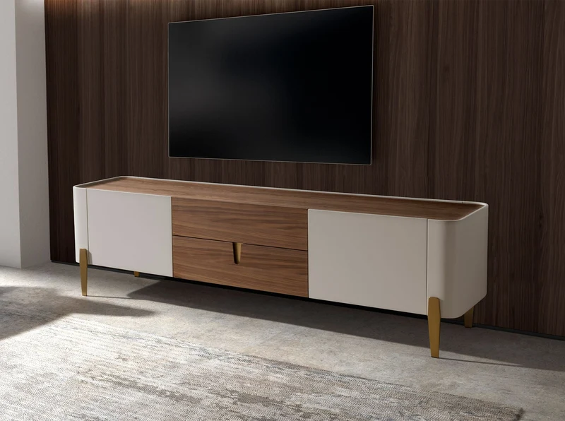 TV cabinet in walnut, beige, polished gold steel and walnut top