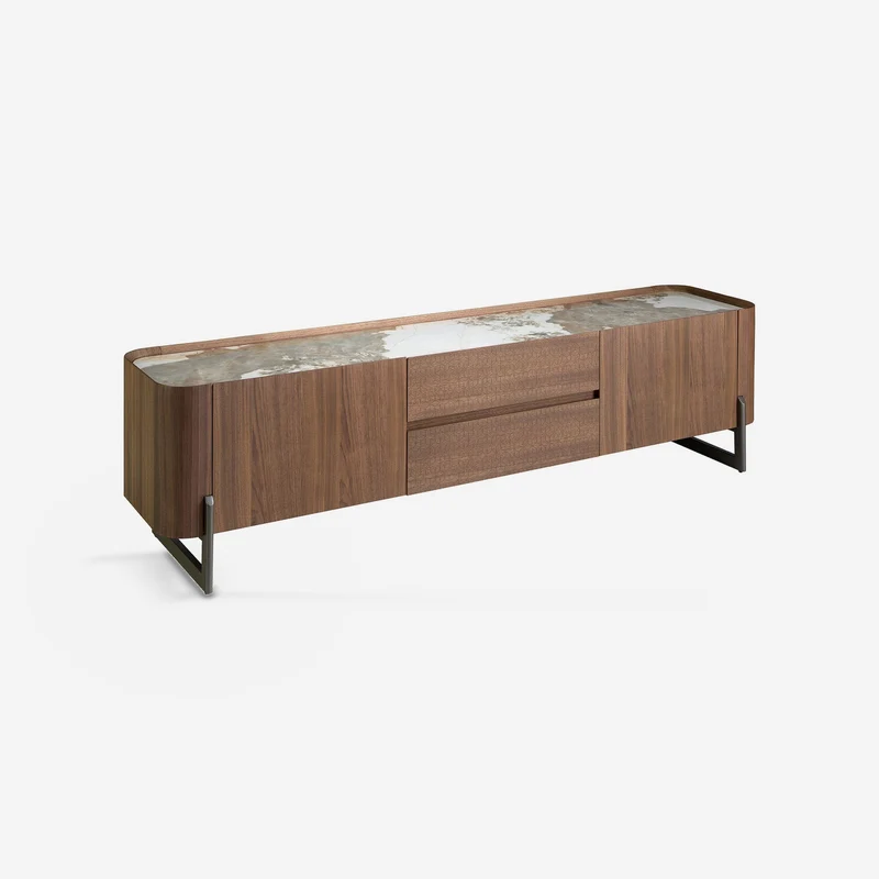 Walnut TV cabinet, mink metal steel and porcelain marble top