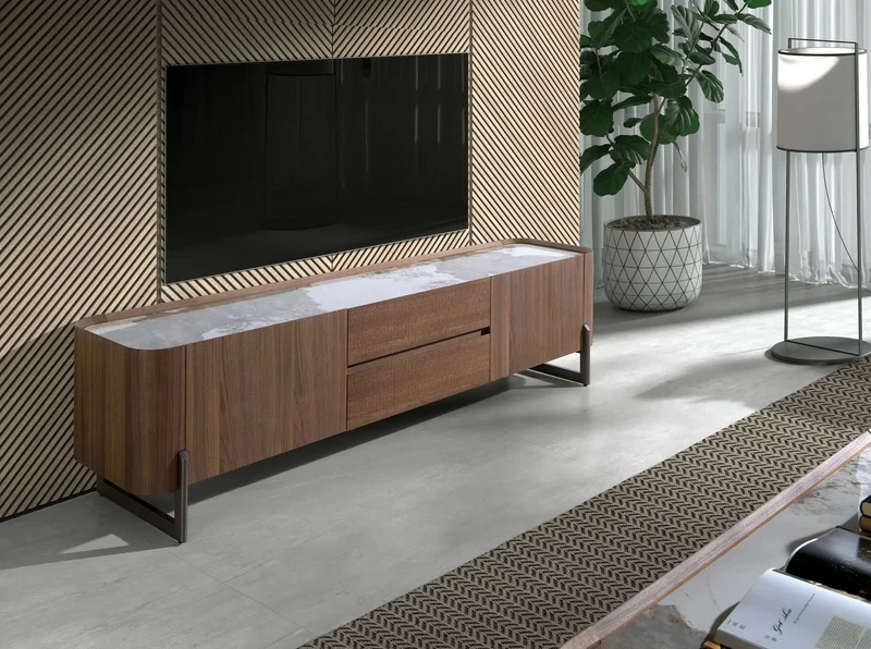 Walnut TV cabinet, mink metal steel and porcelain marble top