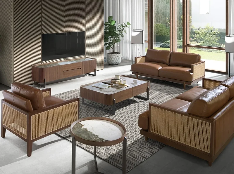Walnut TV cabinet, mink metal steel and porcelain marble top