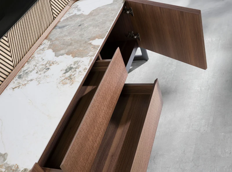 Walnut TV cabinet, mink metal steel and porcelain marble top