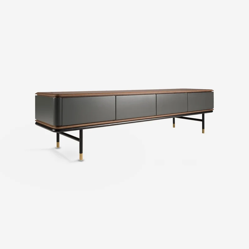 TV cabinet in dark grey wood, black steel and walnut top