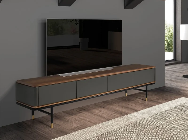 TV cabinet in dark grey wood, black steel and walnut top