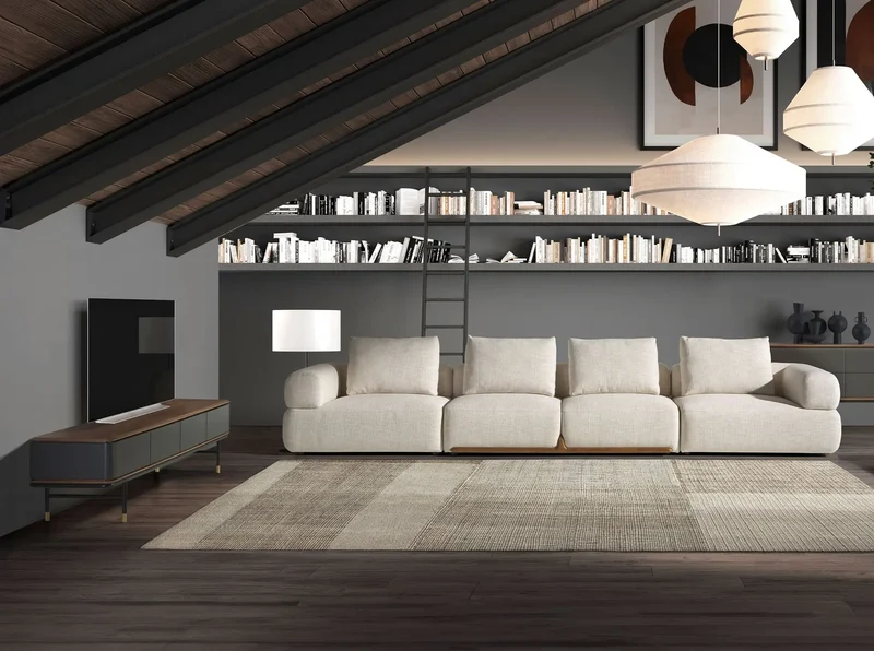 TV cabinet in dark grey wood, black steel and walnut top