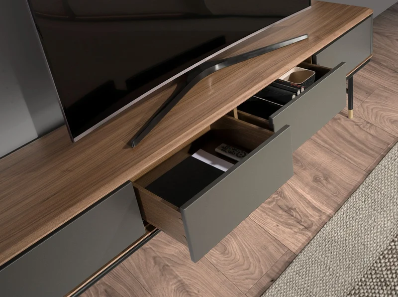 TV cabinet in dark grey wood, black steel and walnut top