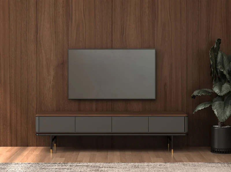 TV cabinet in dark grey wood, black steel and walnut top