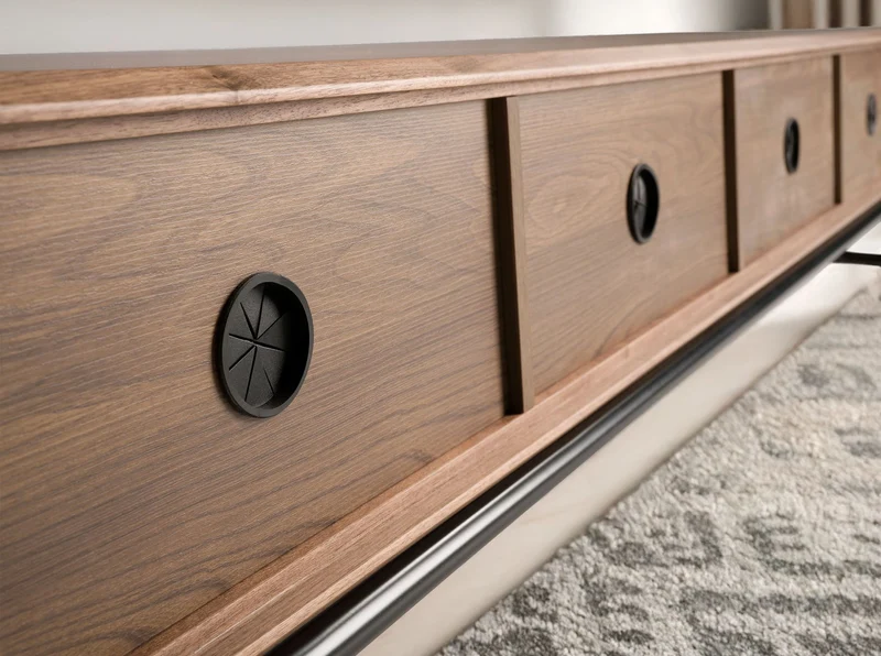 TV cabinet in dark grey wood, black steel and walnut top
