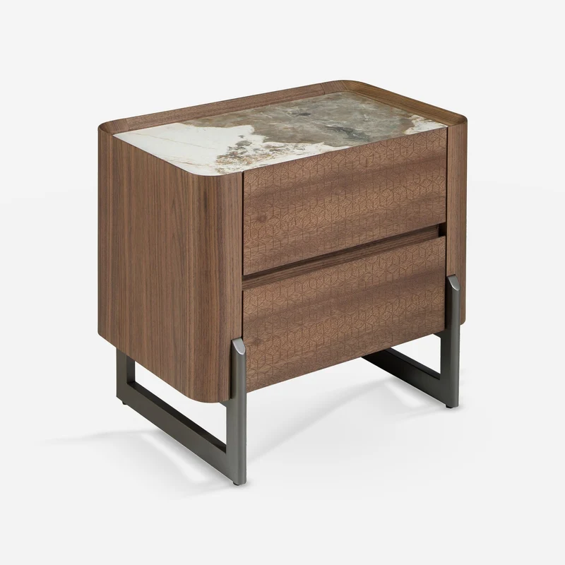 Walnut bedside table, mink metal steel and porcelain marble top