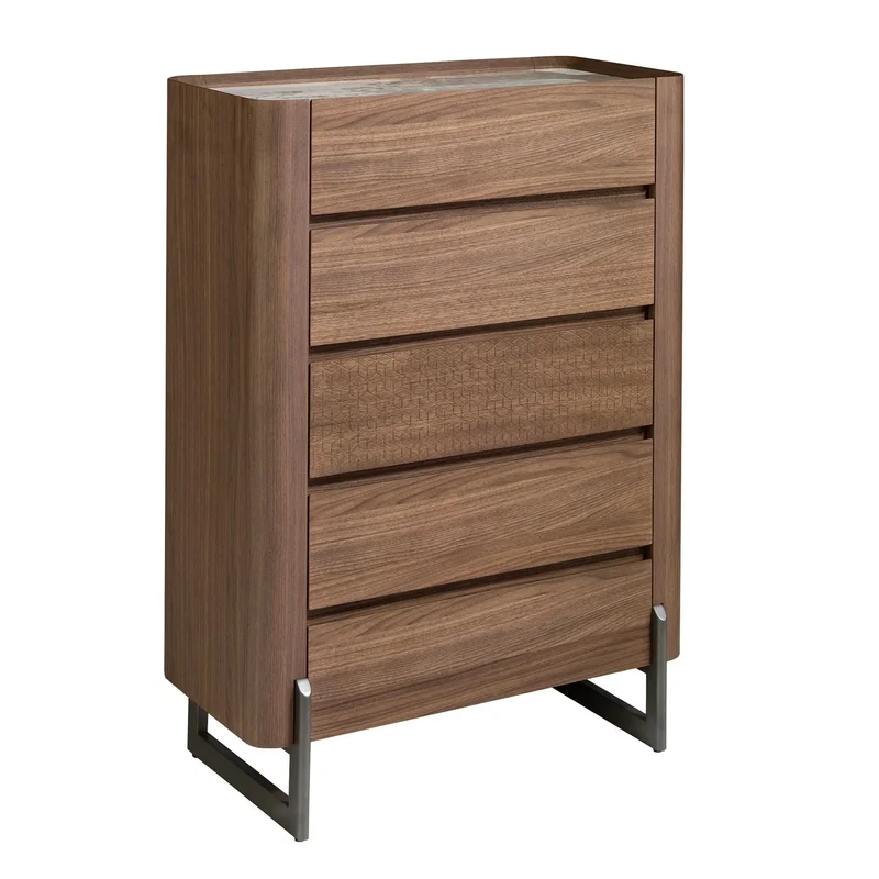 Walnut chiffonier, mink metal steel and porcelain marble top