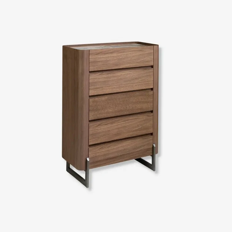 Walnut chiffonier, mink metal steel and porcelain marble top