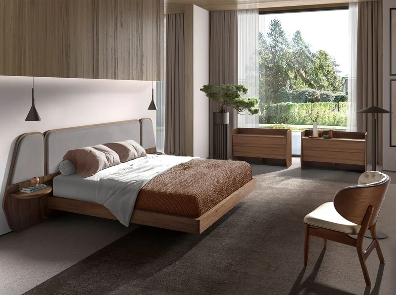 Walnut and grey fabric bed