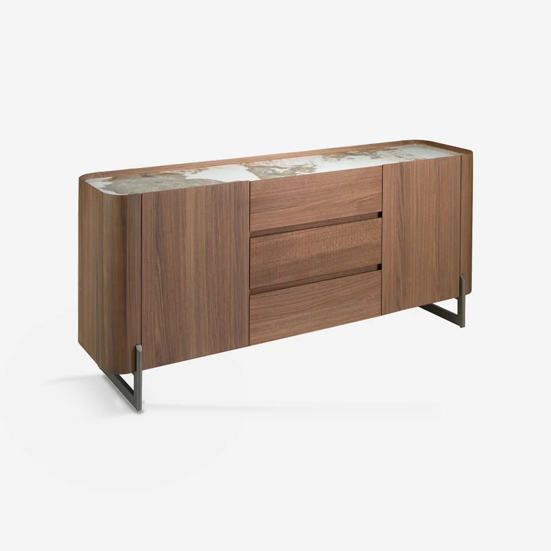 Walnut sideboard, mink metal steel and porcelain marble top