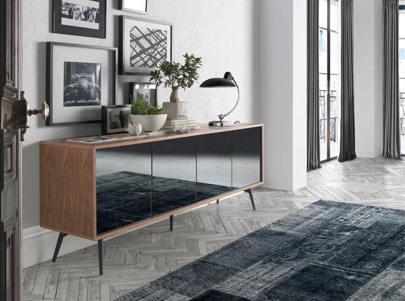 Black mirror-effect glass sideboard, walnut and black steel