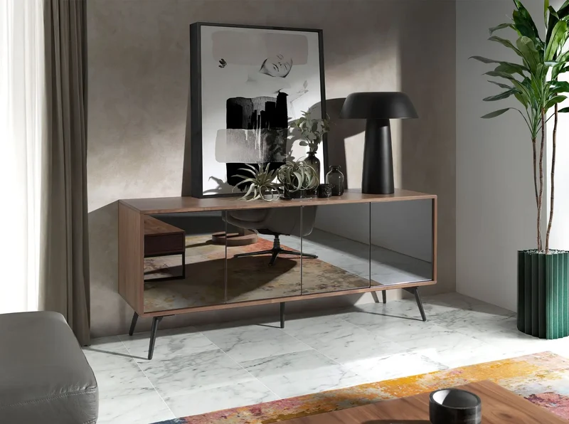 Black mirror-effect glass sideboard, walnut and black steel