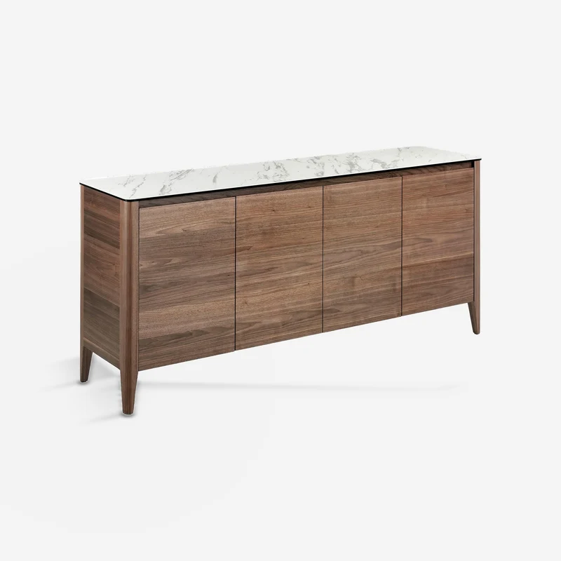 Walnut sideboard with marble-effect glass top