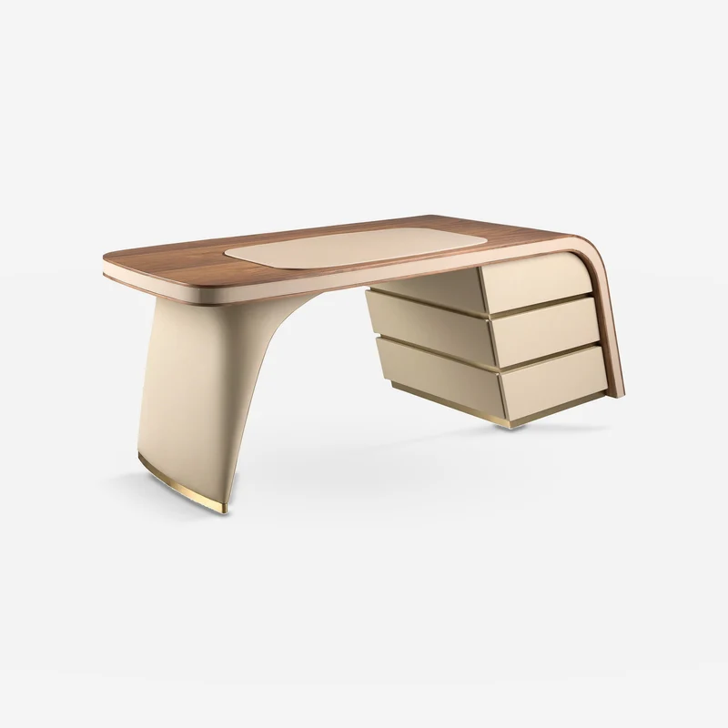 Walnut and wood desk upholstered in cream leatherette