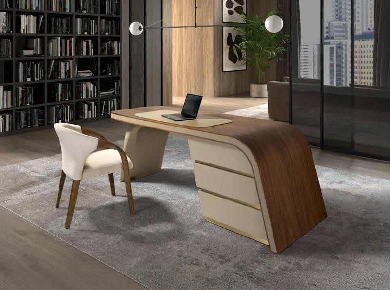 Walnut and wood desk upholstered in cream leatherette