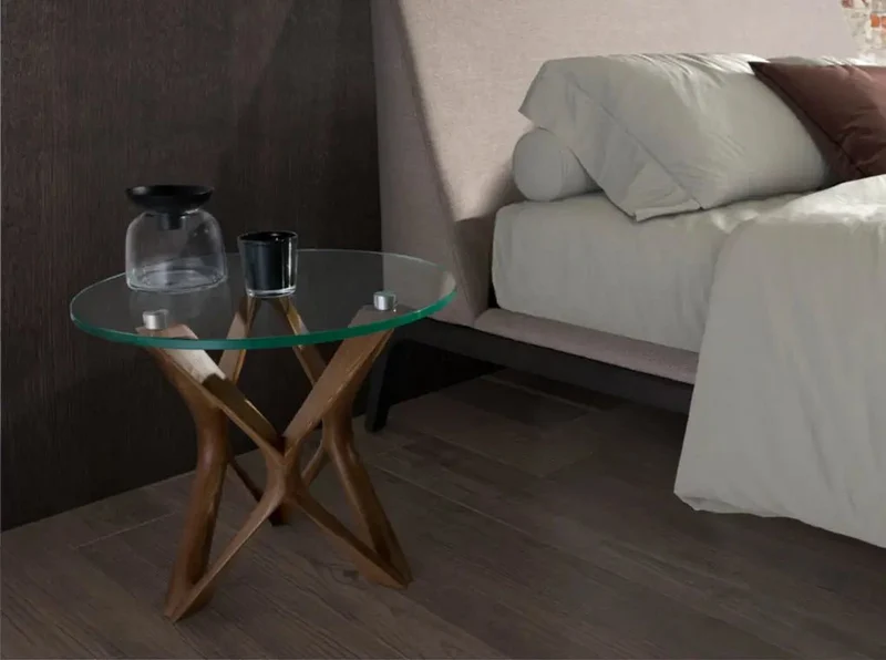 Round corner table with tempered glass and walnut