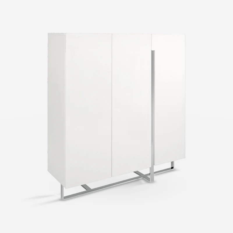 Tall sideboard in white wood and chrome-plated steel