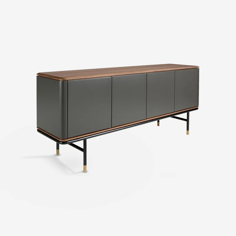 Dark grey wood sideboard, black steel and walnut top