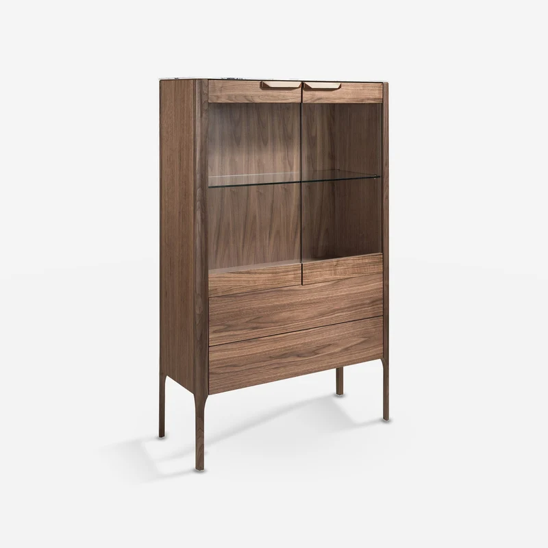 Tall walnut sideboard with marble-effect glass top and interior lighting
