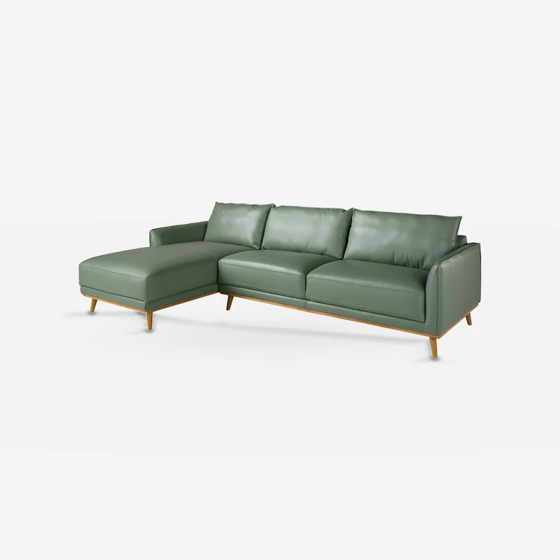 Left-facing green leather chaise longue sofa